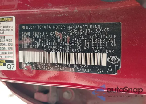 2005 Toyota Corolla Le из США, поврежденный, VIN 2T1BR32E55C466321